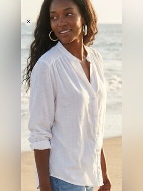 Cloth & Stone Anthropologie White Smocked Back Tencel Lyocell Button Blouse L